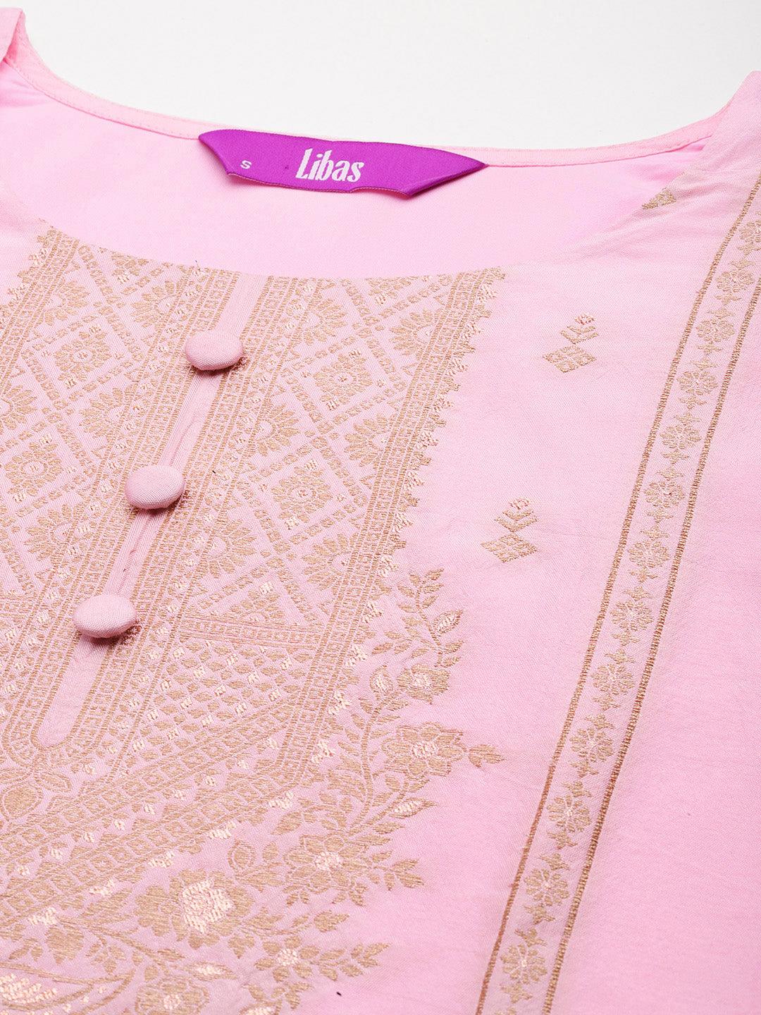 Pink Woven Design Silk Blend Straight Kurta With Trousers & Dupatta - ShopLibas