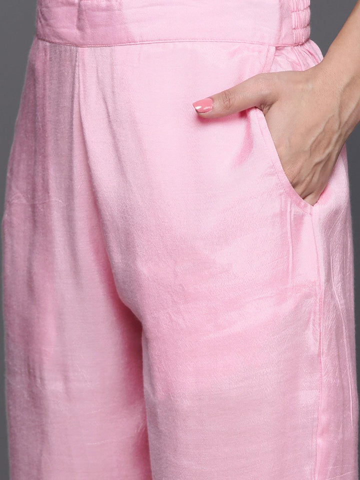 Pink Woven Design Silk Blend Straight Kurta With Trousers & Dupatta - ShopLibas