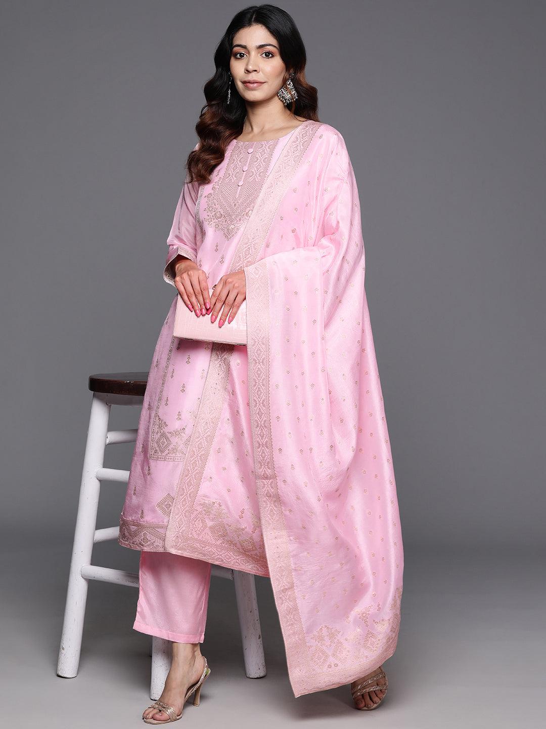 Pink Woven Design Silk Blend Straight Suit With Dupatta