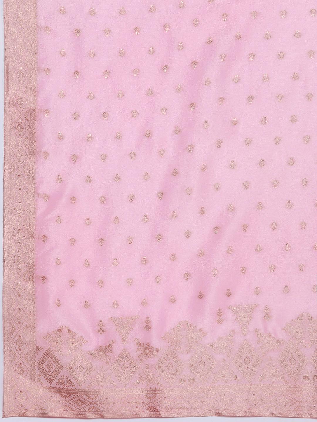 Pink Woven Design Silk Blend Straight Kurta With Trousers & Dupatta - ShopLibas