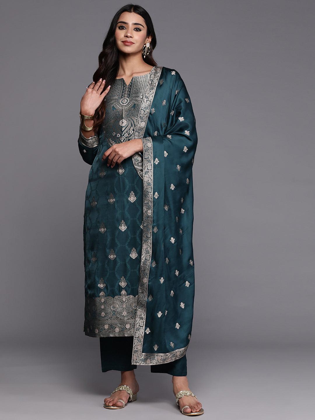 Libas Art Teal Embroidered Silk Straight Kurta With Trousers & Dupatta - ShopLibas