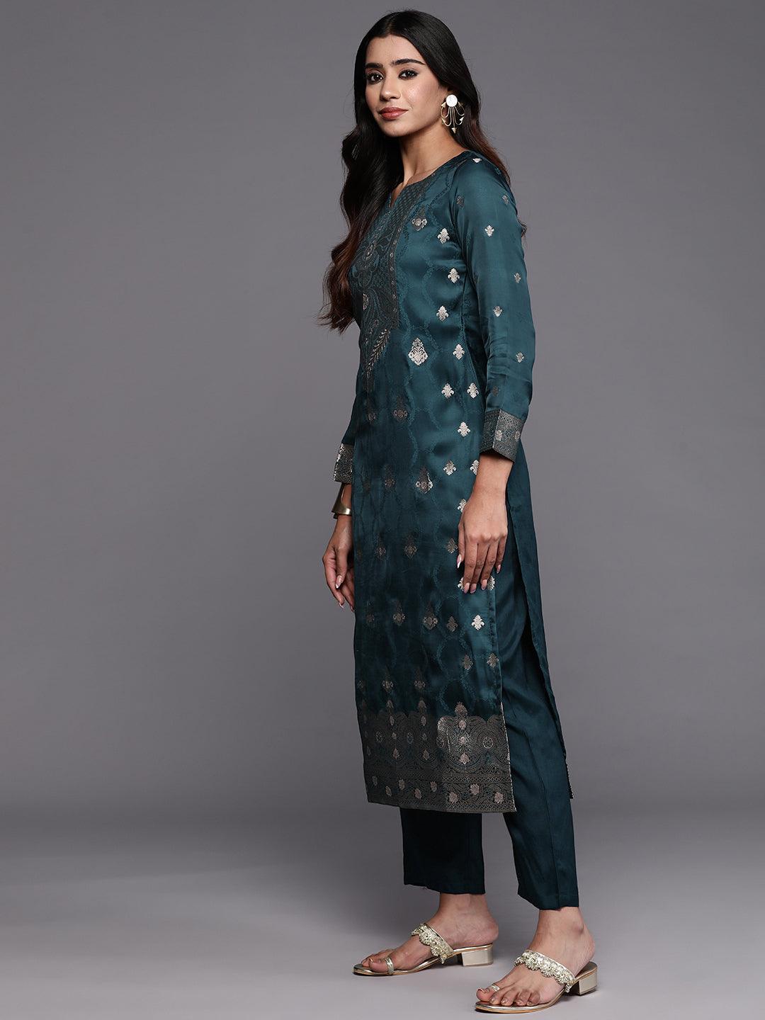 Libas Art Teal Embroidered Silk Straight Kurta With Trousers & Dupatta - ShopLibas