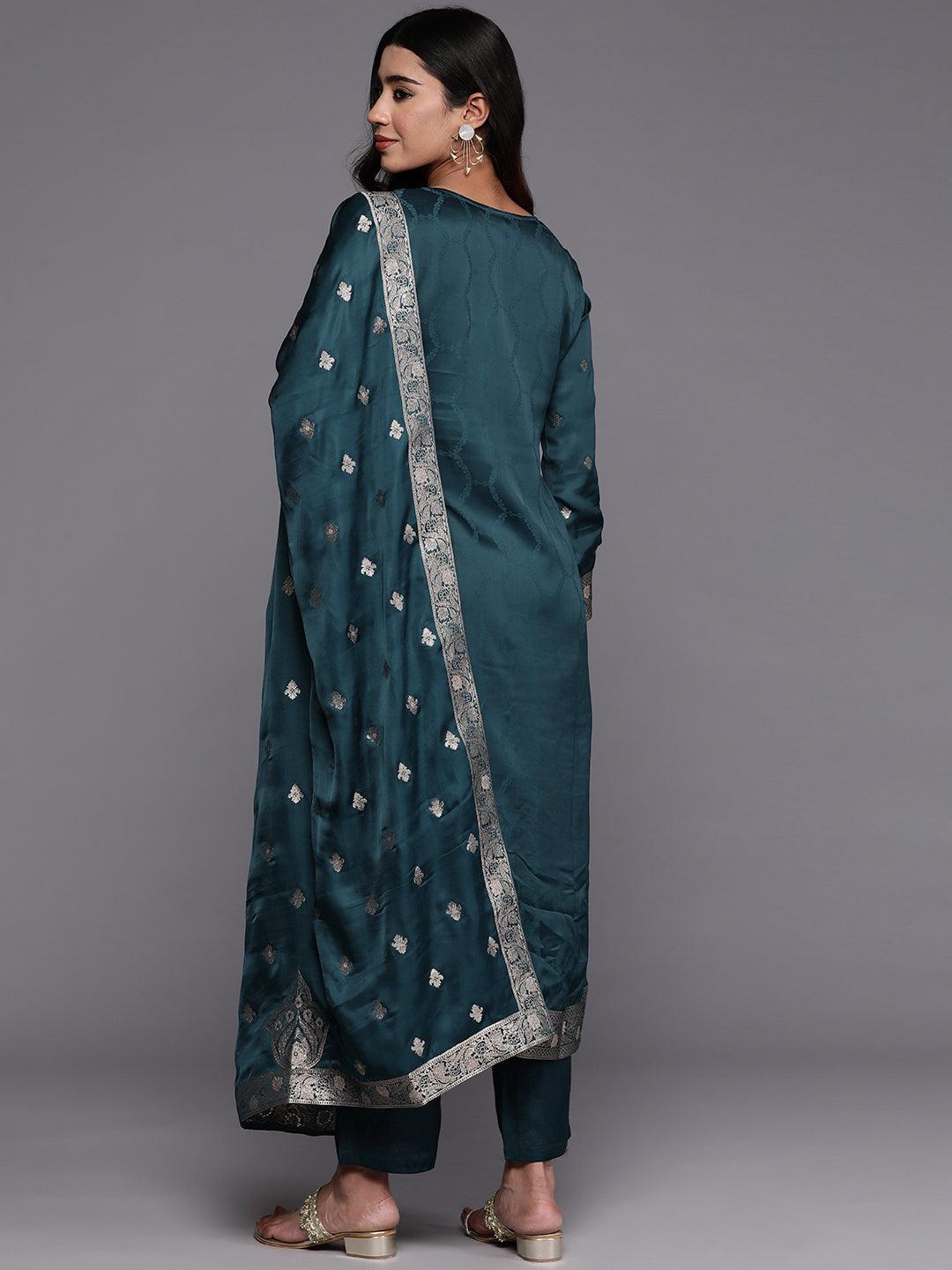 Libas Art Teal Embroidered Silk Straight Kurta With Trousers & Dupatta - ShopLibas