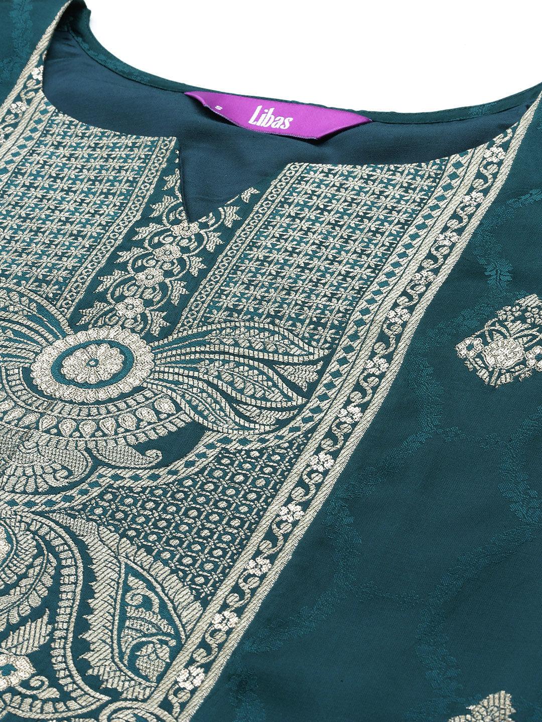 Libas Art Teal Embroidered Silk Straight Kurta With Trousers & Dupatta - ShopLibas