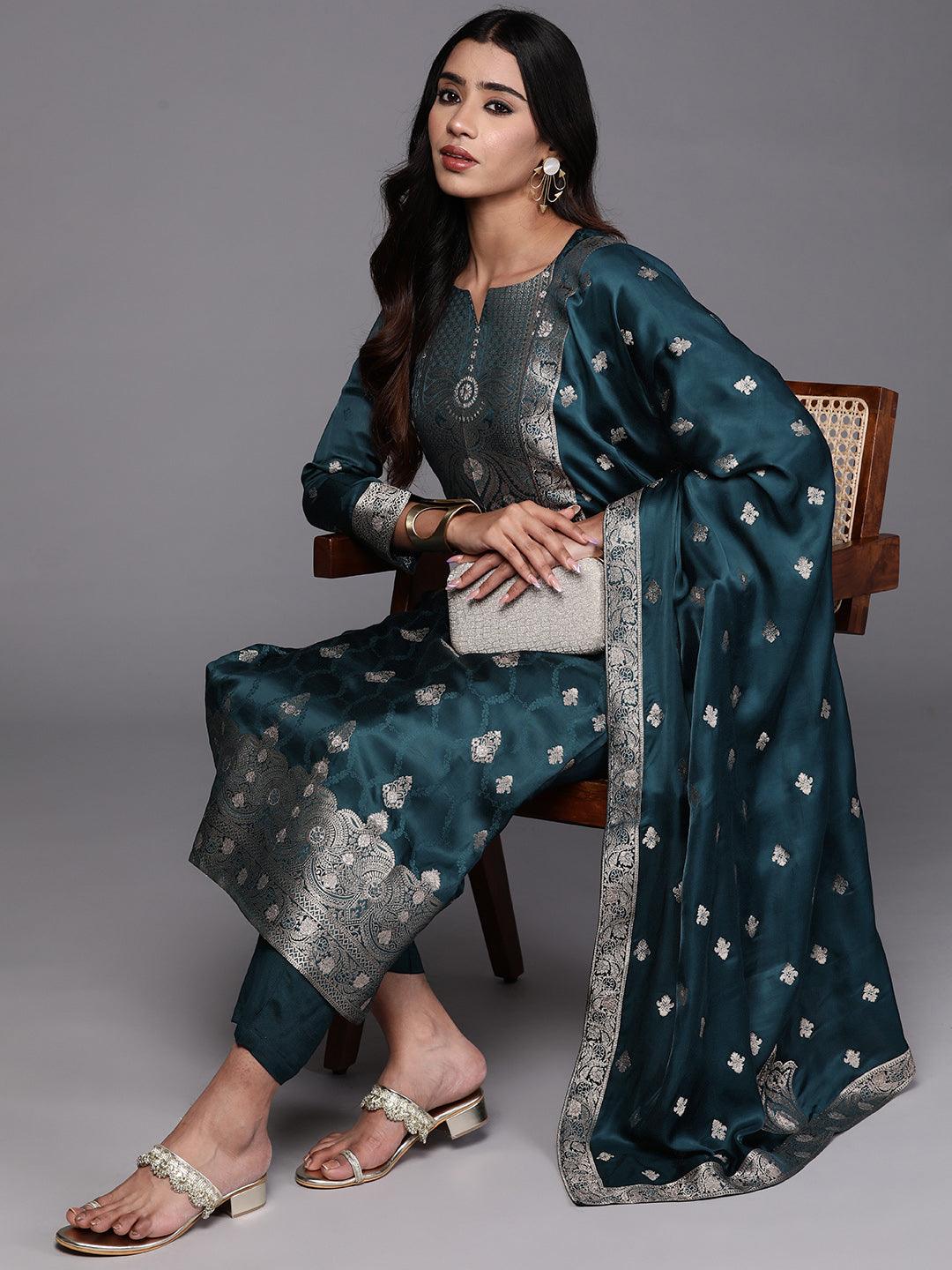 Libas Art Teal Embroidered Silk Straight Kurta With Trousers & Dupatta - ShopLibas