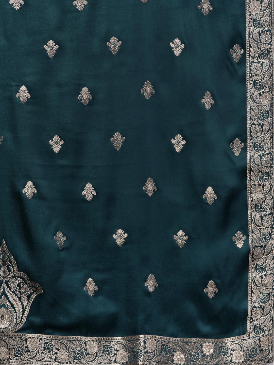 Libas Art Teal Embroidered Silk Straight Kurta With Trousers & Dupatta - ShopLibas