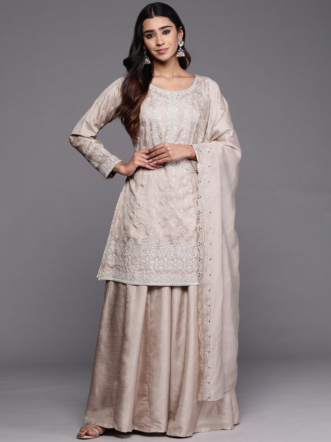 Libas Art Taupe Embroidered Silk Blend Straight Suit With Dupatta