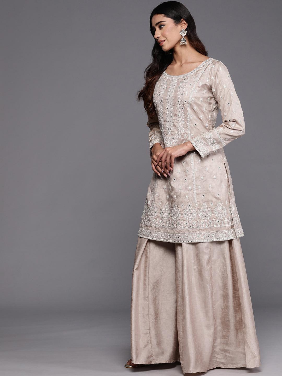 Libas Art Taupe Embroidered Silk Blend Straight Suit With Dupatta