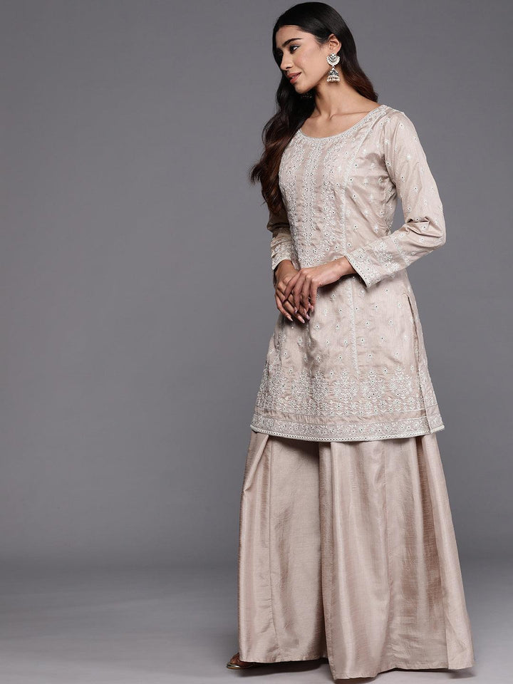 Libas Art Taupe Embroidered Silk Blend Straight Kurta With Palazzos & Dupatta - ShopLibas