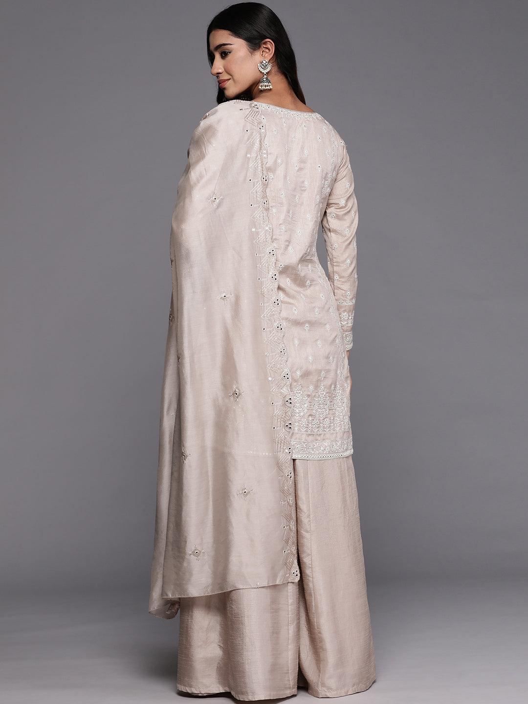 Libas Art Taupe Embroidered Silk Blend Straight Suit With Dupatta