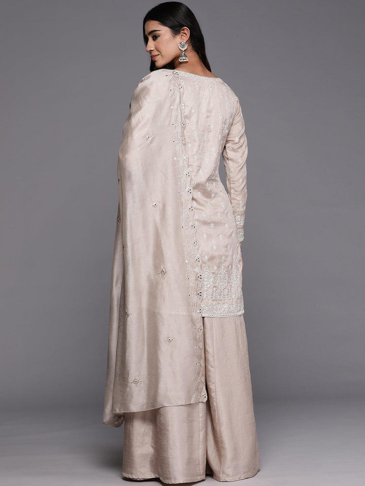 Libas Art Taupe Embroidered Silk Blend Straight Kurta With Palazzos & Dupatta - ShopLibas