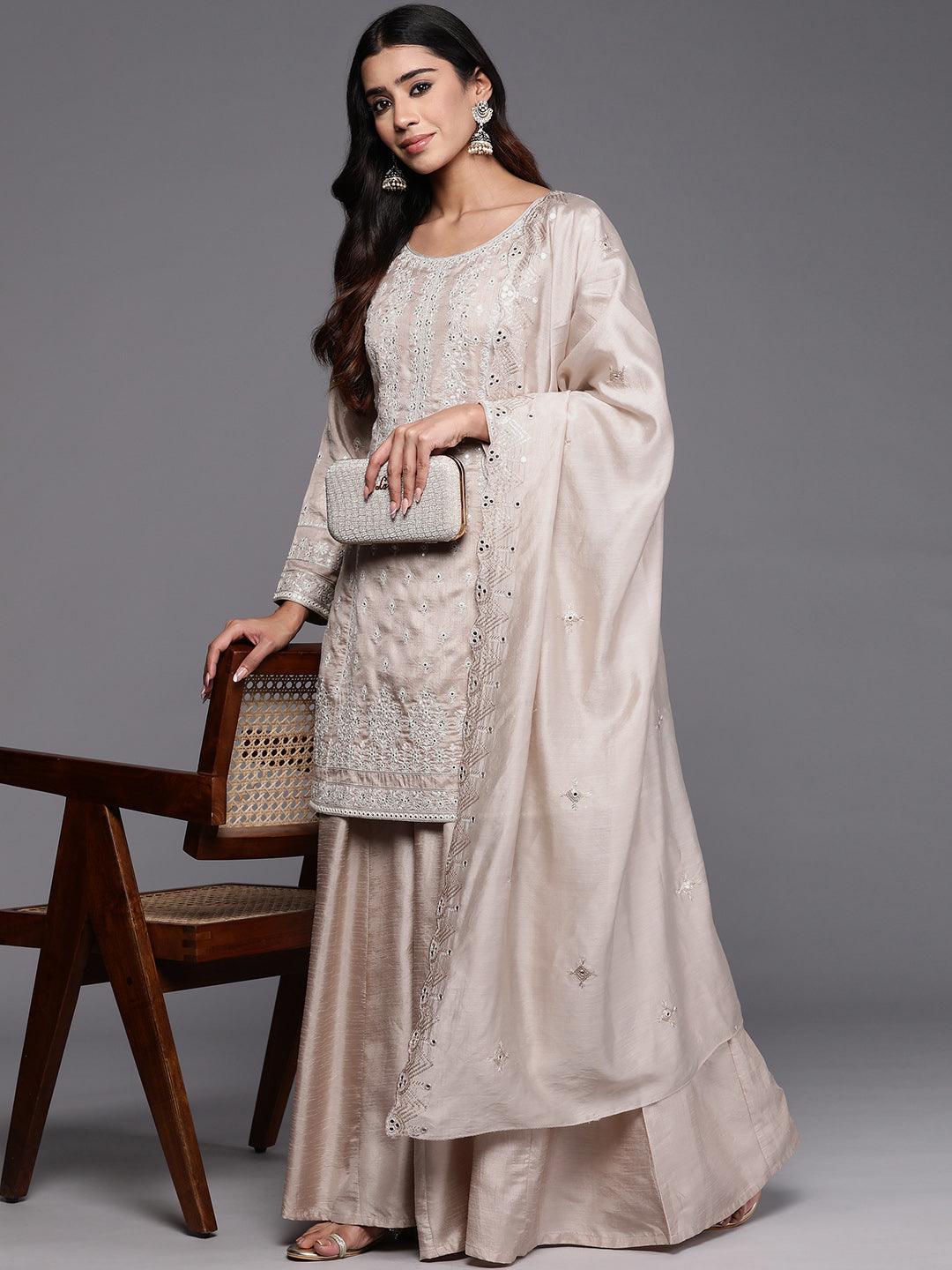 Libas Art Taupe Embroidered Silk Blend Straight Kurta With Palazzos & Dupatta - ShopLibas