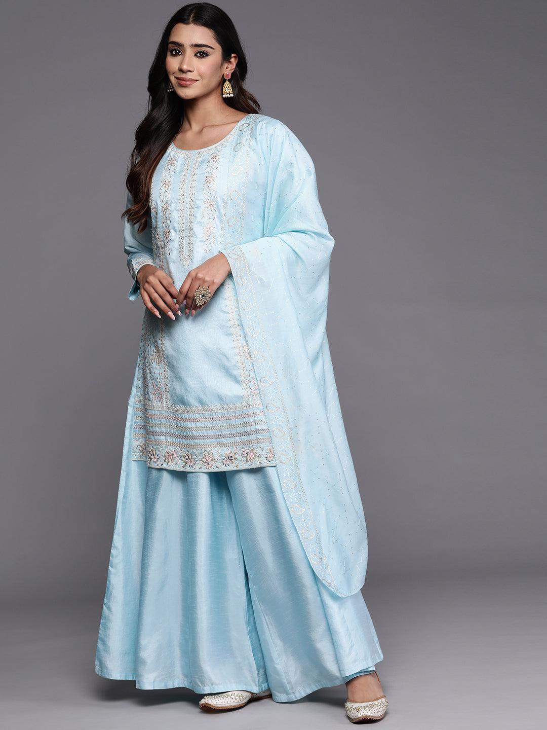 Libas Art Blue Embroidered Silk Blend Straight Suit With Dupatta