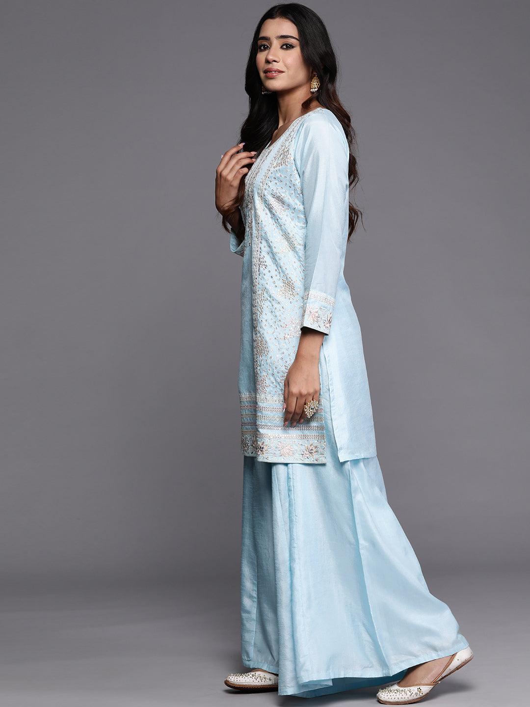 Libas Art Blue Embroidered Silk Blend Straight Suit With Dupatta