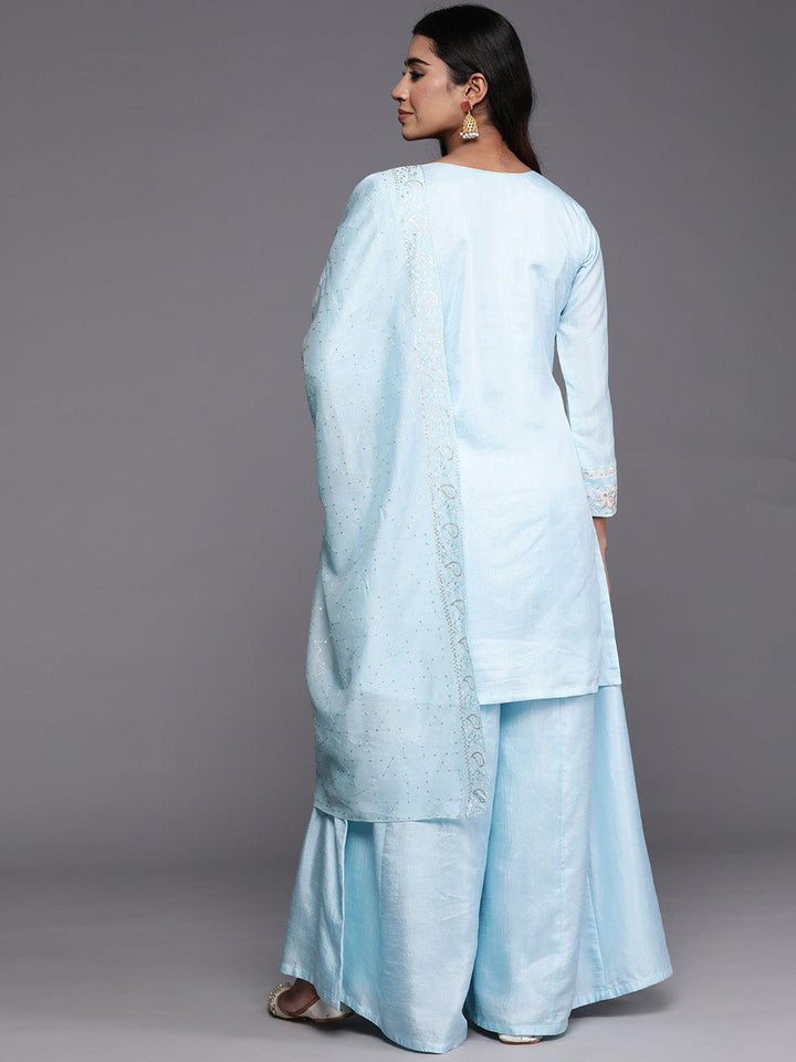 Libas Art Powder Blue Embroidered Silk Blend Straight Kurta With Palazzos & Dupatta - ShopLibas