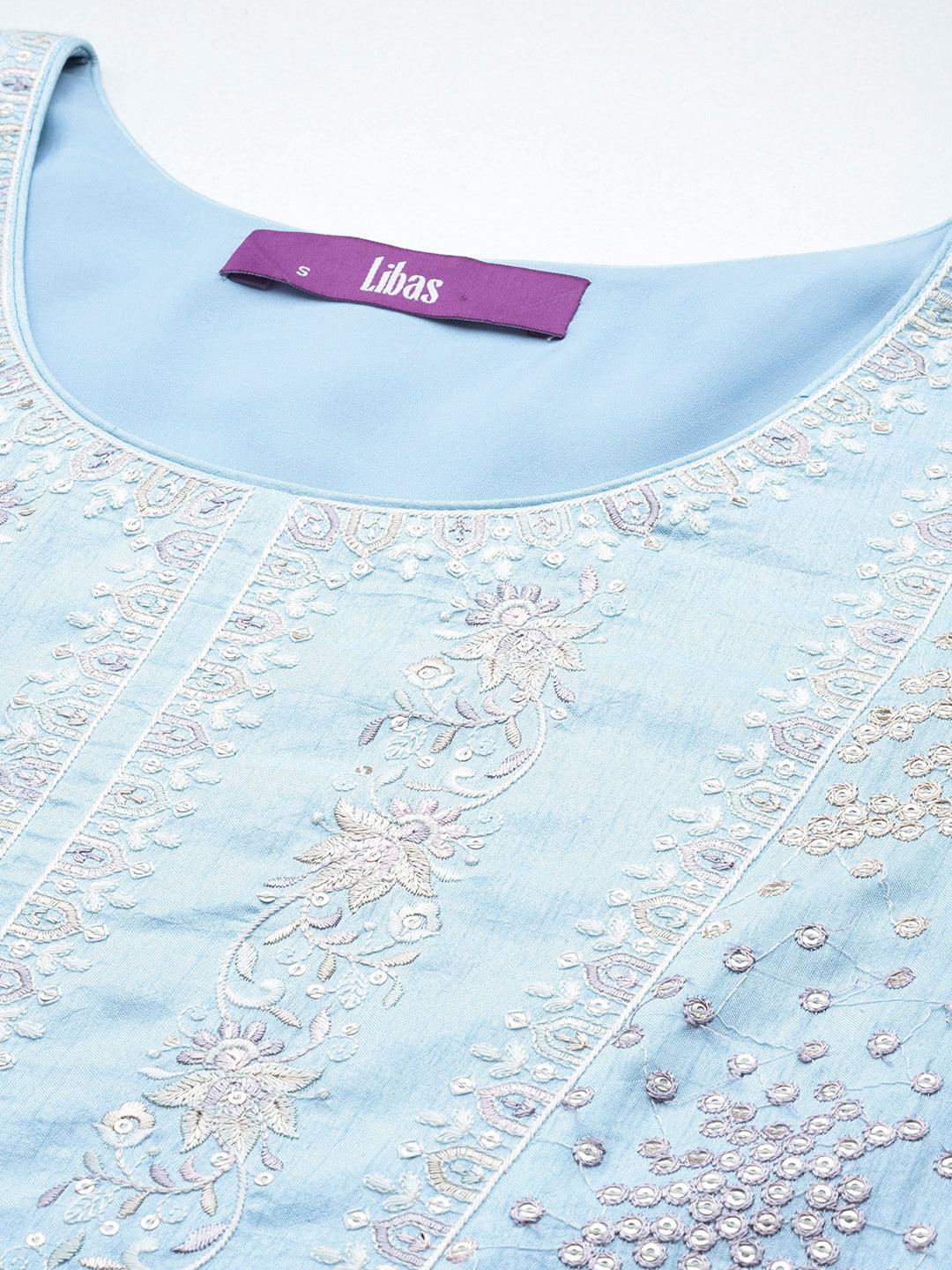 Libas Art Powder Blue Embroidered Silk Blend Straight Kurta With Palazzos & Dupatta - ShopLibas