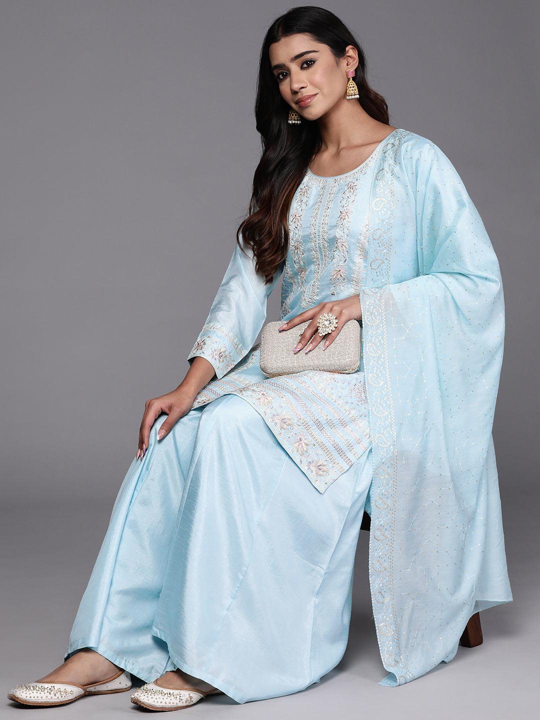 Libas Art Blue Embroidered Silk Blend Straight Suit With Dupatta