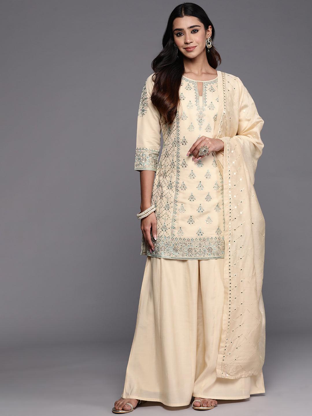 Libas Art Beige Embroidered Silk Blend Straight Suit With Dupatta