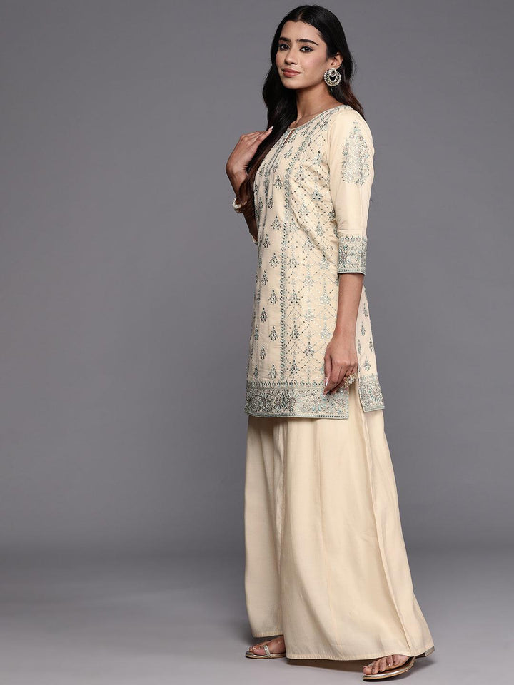 Libas Art Beige Embroidered Silk Blend Straight Kurta With Palazzos & Dupatta - ShopLibas