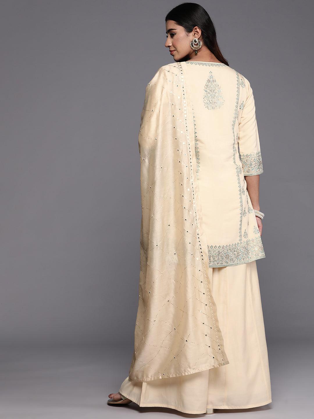 Libas Art Beige Embroidered Silk Blend Straight Suit With Dupatta