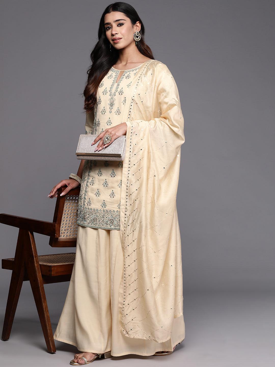 Libas Art Beige Embroidered Silk Blend Straight Suit With Dupatta