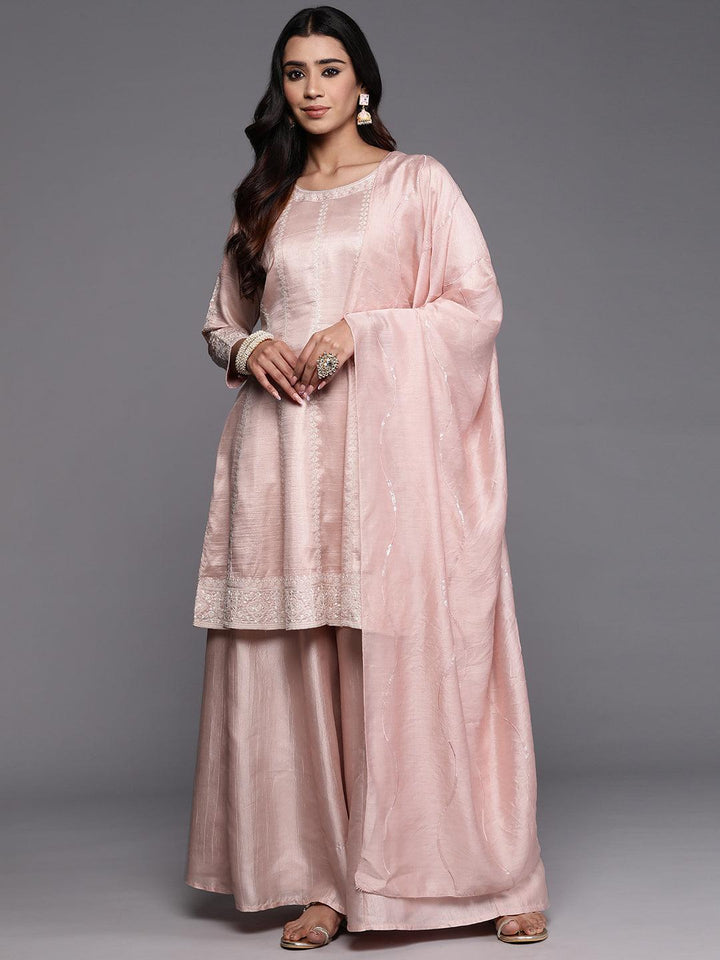 Libas Art Peach Embroidered Silk Blend Anarkali Kurta With Palazzos & Dupatta - ShopLibas