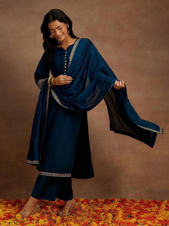 Teal Solid Silk Blend Straight Kurta With Palazzos & Dupatta - ShopLibas