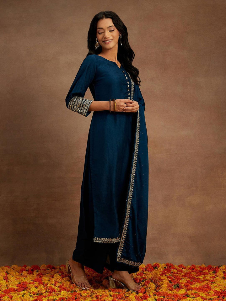 Teal Solid Silk Blend Straight Kurta With Palazzos & Dupatta - ShopLibas