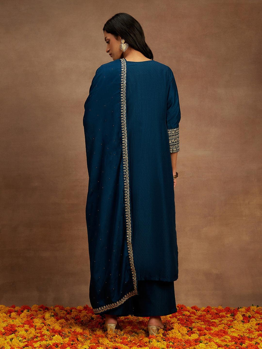 Teal Solid Silk Blend Straight Kurta With Palazzos & Dupatta - ShopLibas