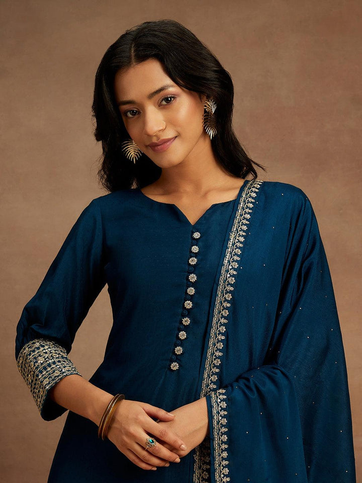 Teal Solid Silk Blend Straight Kurta With Palazzos & Dupatta - ShopLibas