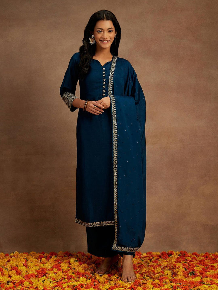 Teal Solid Silk Blend Straight Kurta With Palazzos & Dupatta - ShopLibas