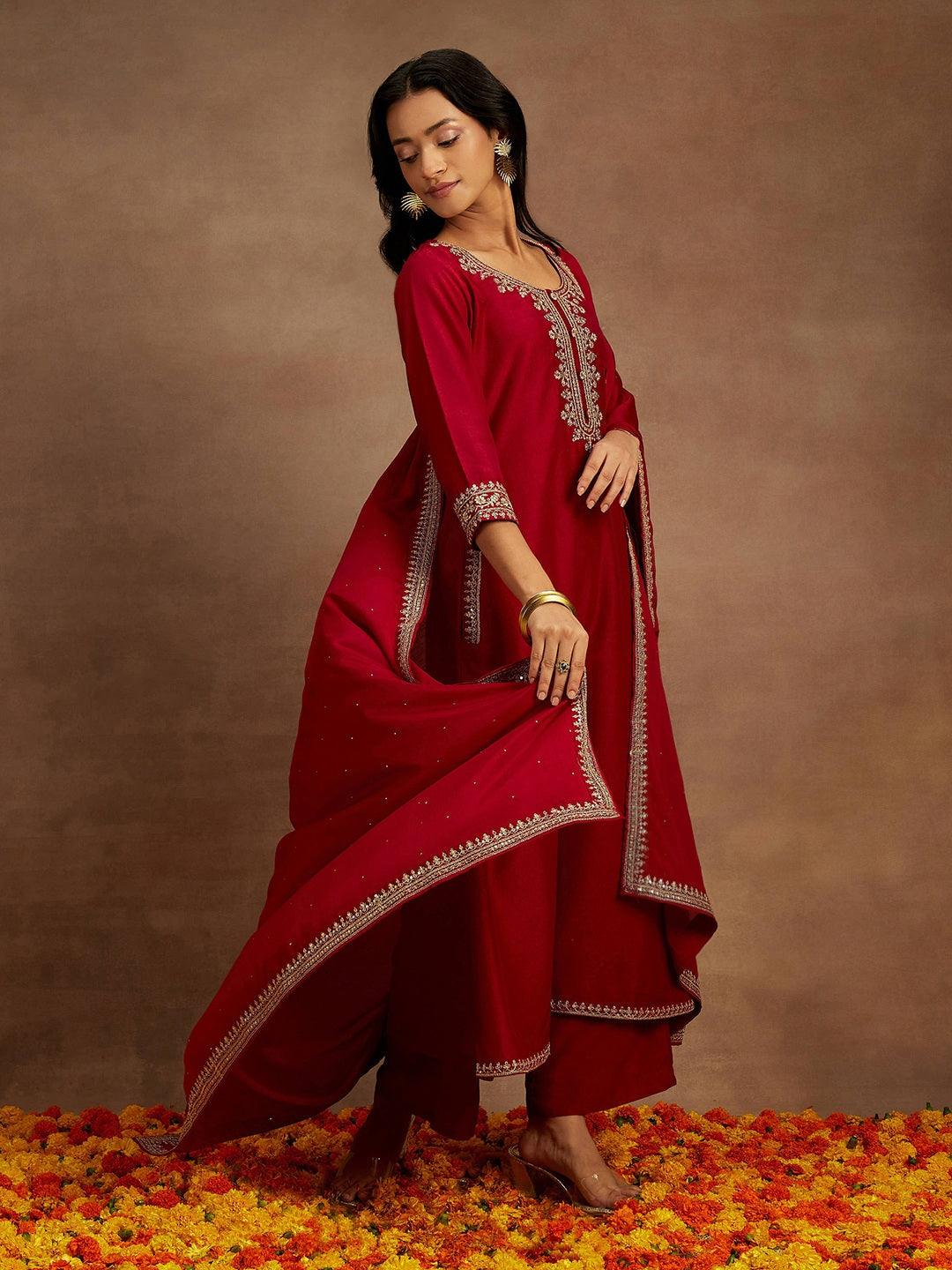 Maroon Yoke Design Silk Blend A-Line Kurta With Palazzos & Dupatta