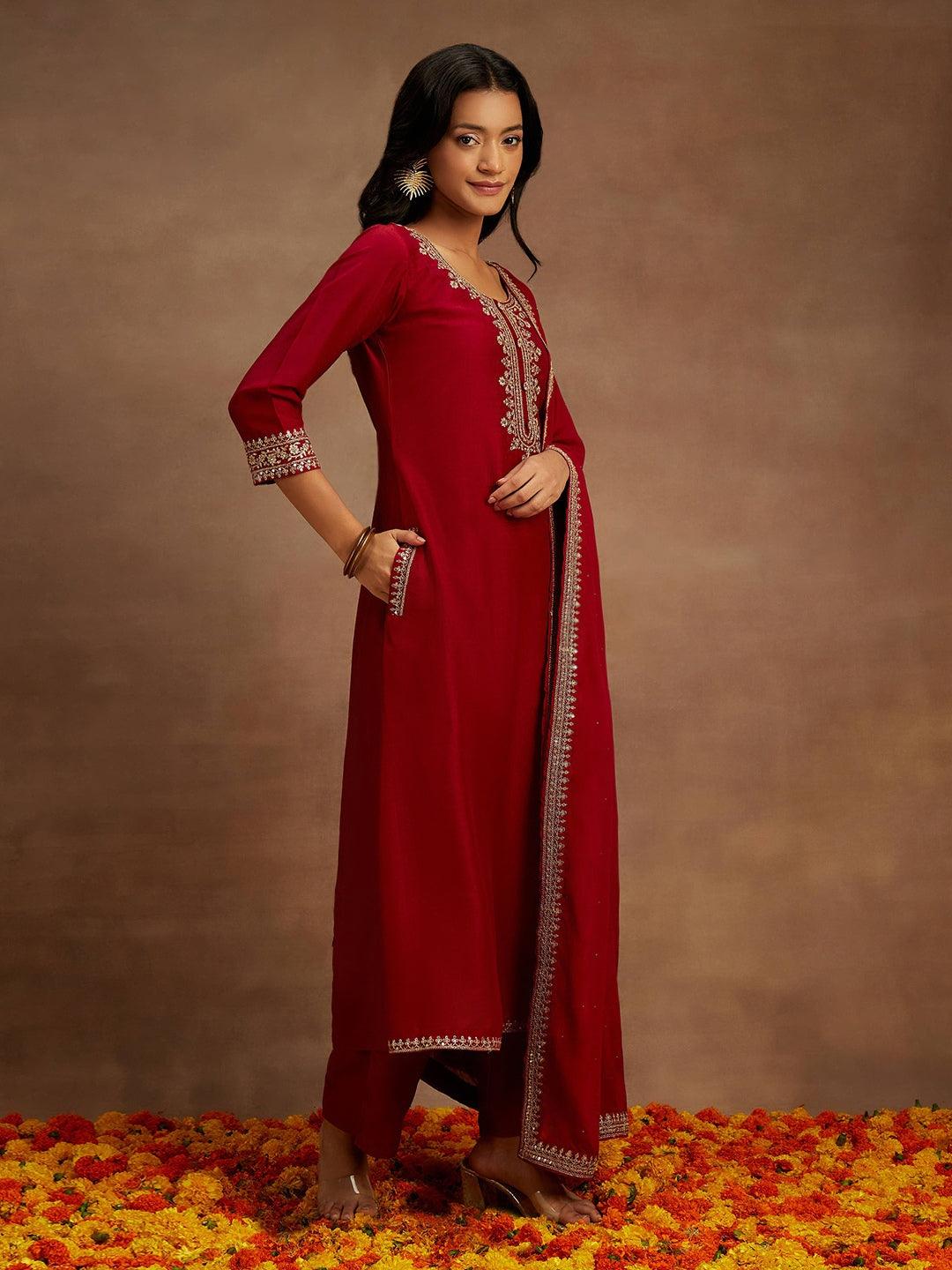 Maroon Yoke Design Silk Blend A-Line Kurta With Palazzos & Dupatta