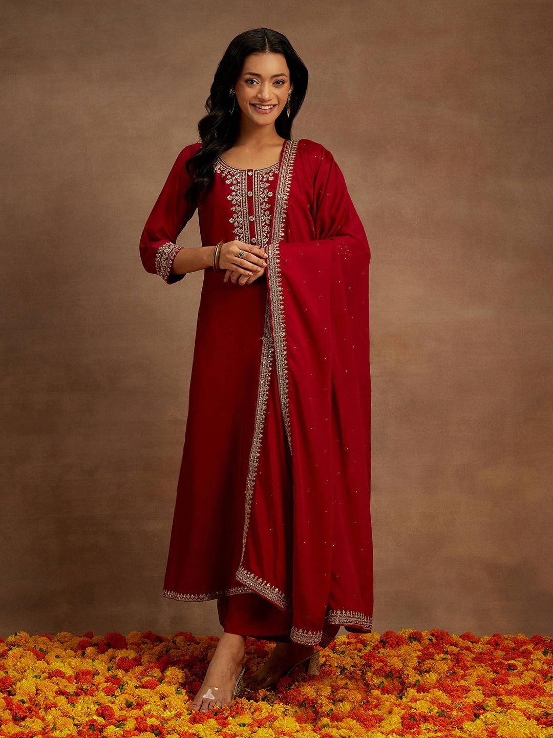 Maroon Yoke Design Silk Blend A-Line Kurta With Palazzos & Dupatta