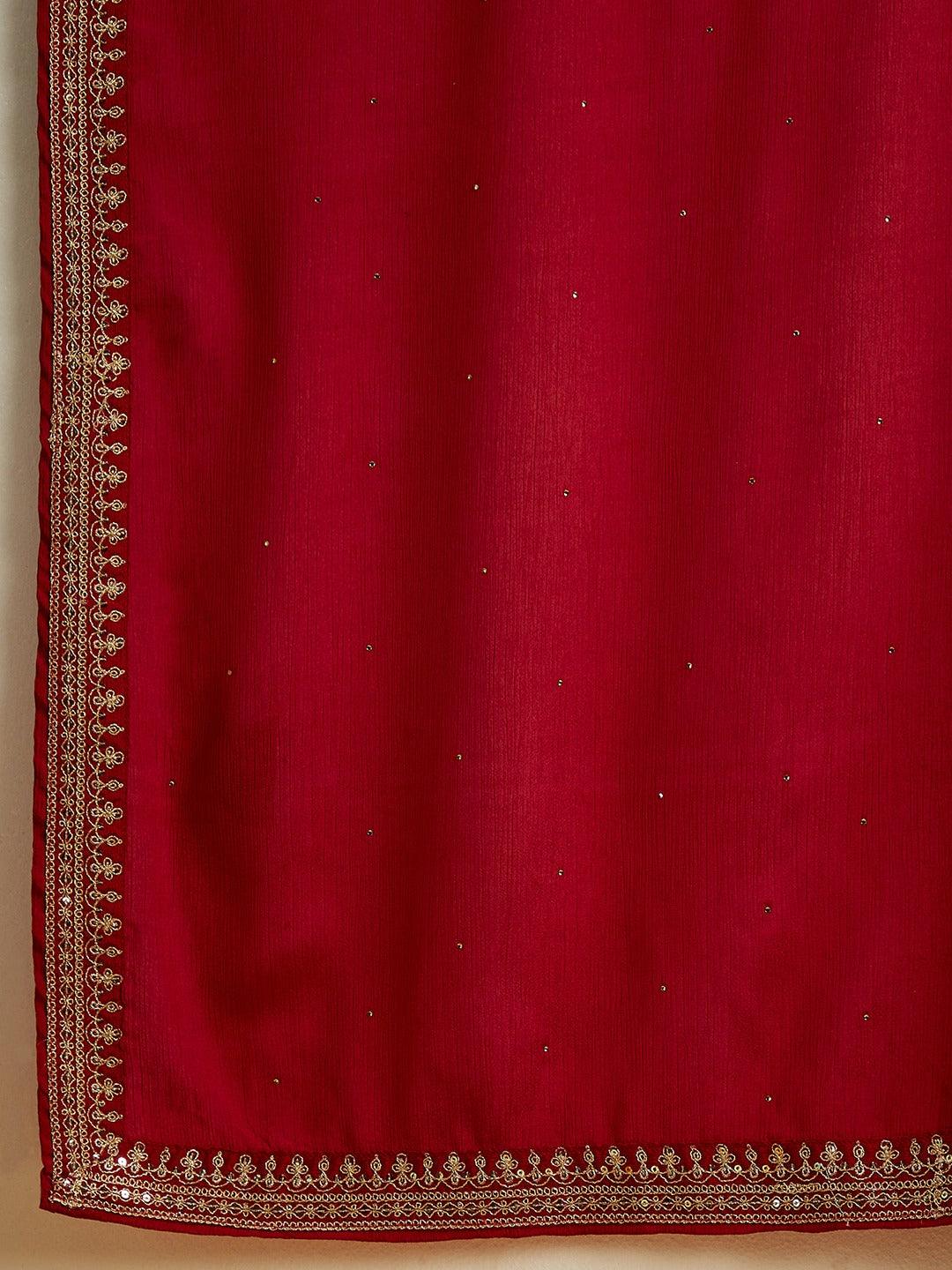 Maroon Yoke Design Silk Blend A-Line Kurta With Palazzos & Dupatta