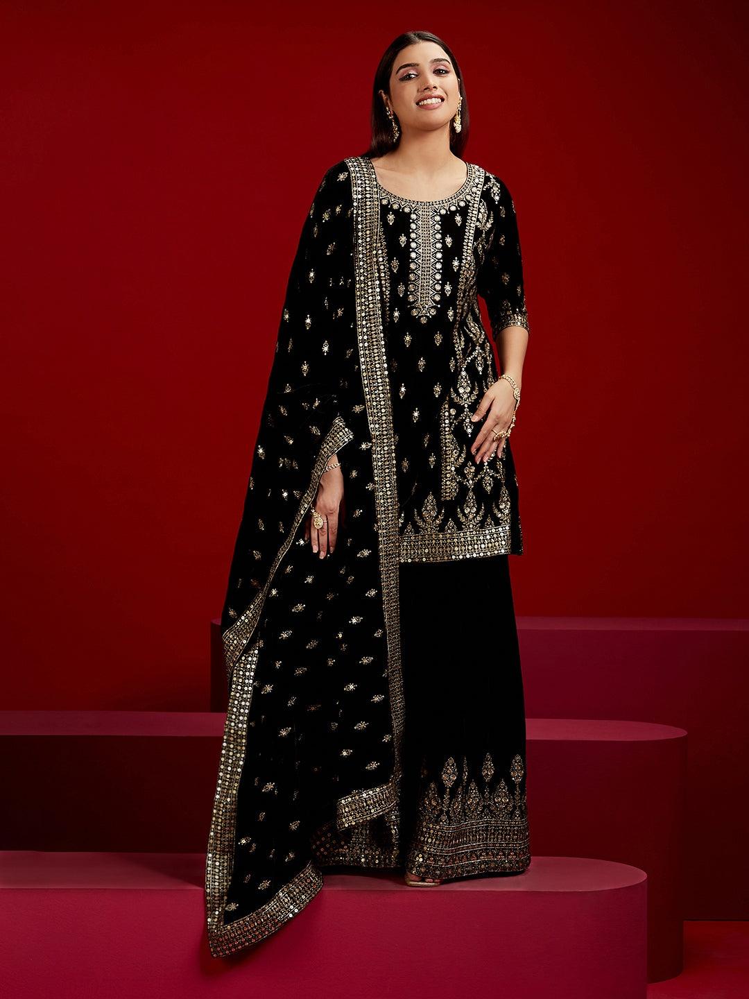 Libas Art Black Embroidered Velvet Straight Kurta With Palazzos & Dupatta - ShopLibas