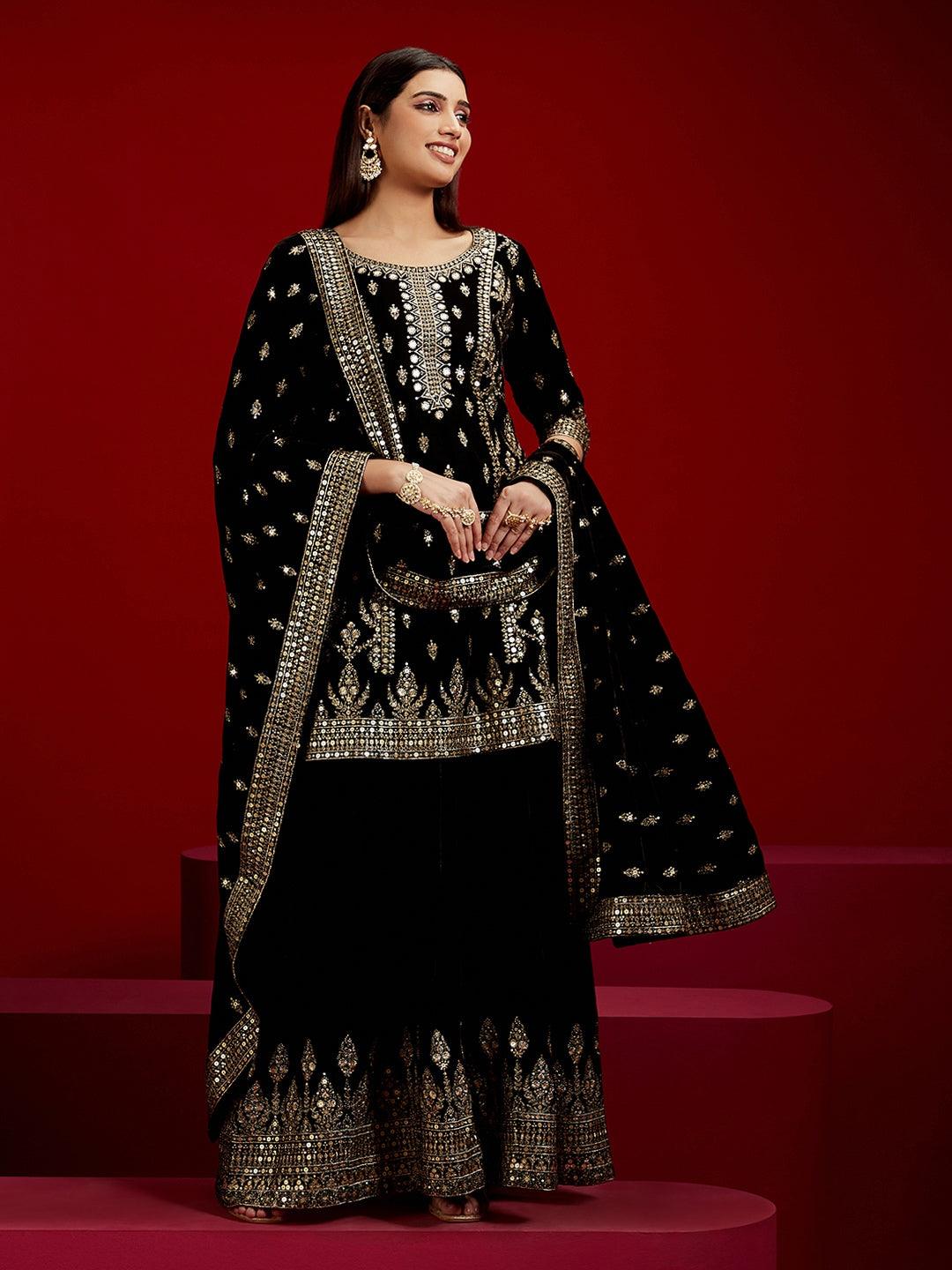 Libas Art Black Embroidered Velvet Straight Kurta With Palazzos & Dupatta - ShopLibas