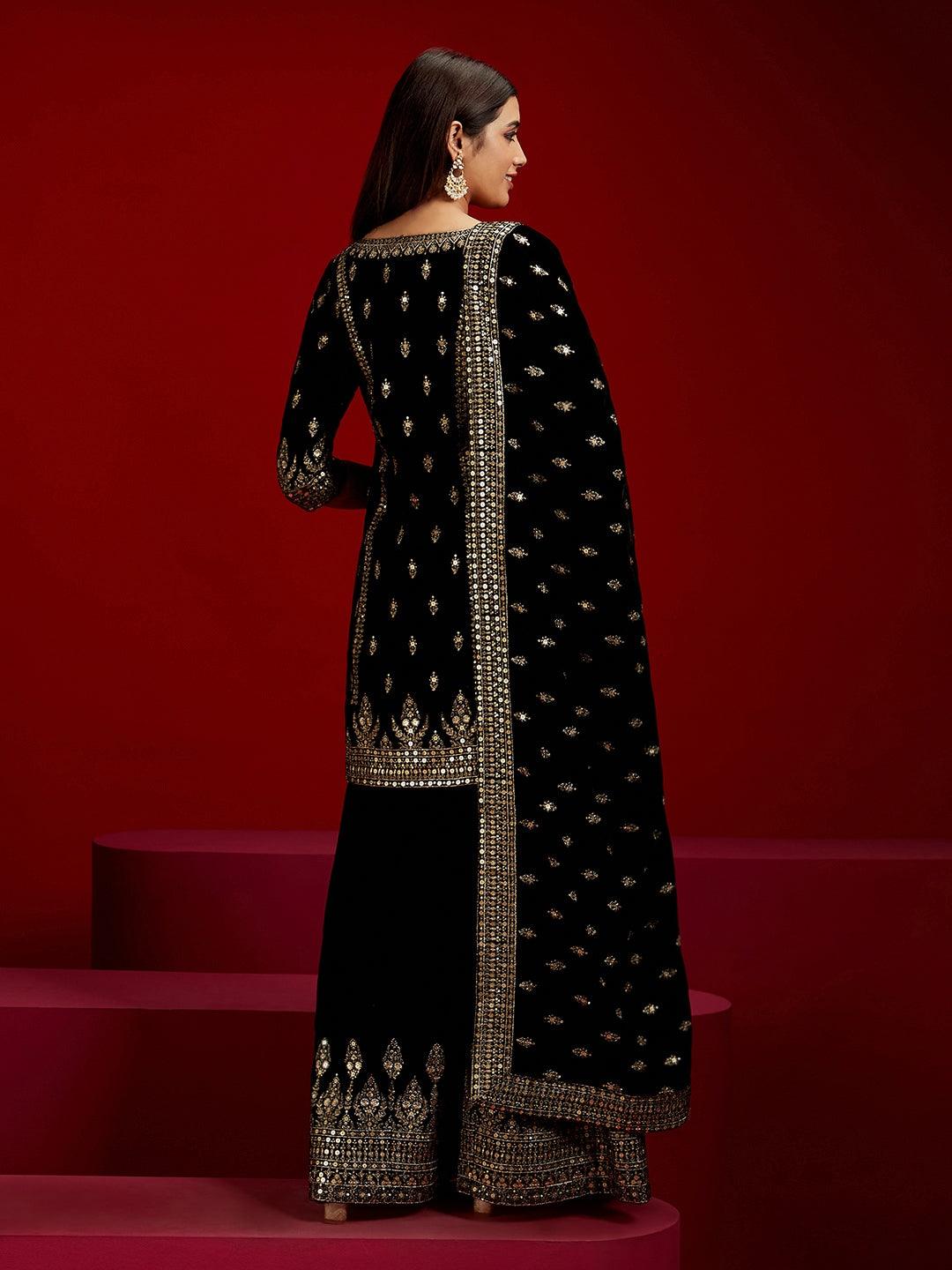 Libas Art Black Embroidered Velvet Straight Kurta With Palazzos & Dupatta - ShopLibas