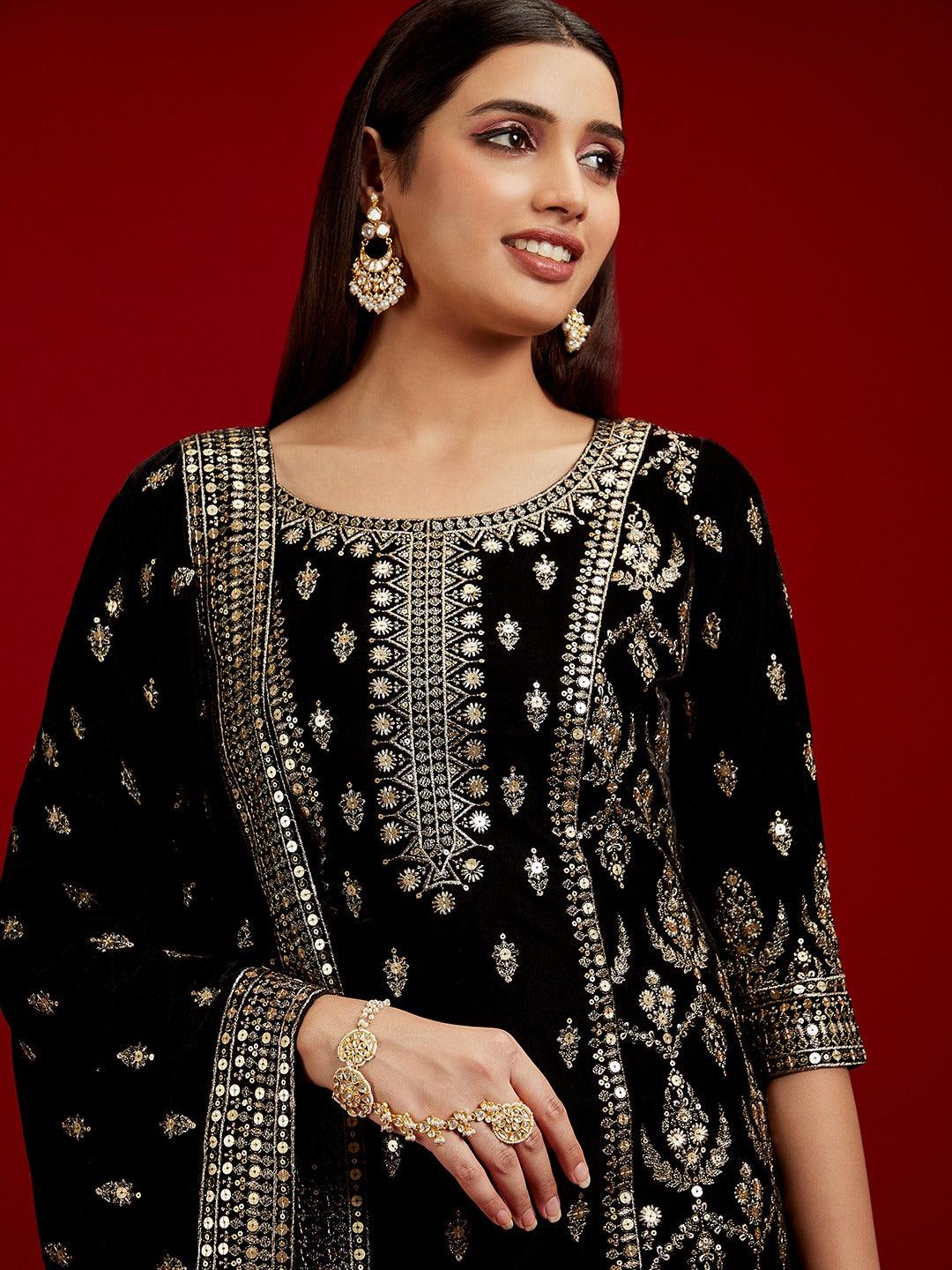 Libas Art Black Embroidered Velvet Straight Kurta With Palazzos & Dupatta - ShopLibas