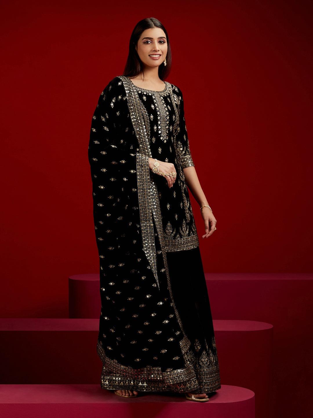 Libas Art Black Embroidered Velvet Straight Kurta With Palazzos & Dupatta - ShopLibas