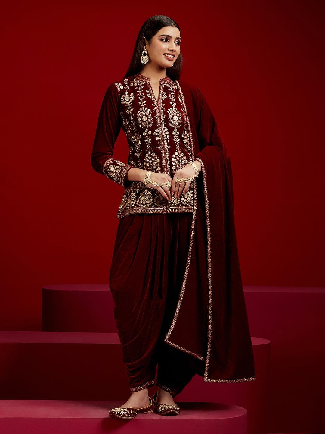 Libas Art Maroon Embroidered Velvet Straight Suit With Dupatta