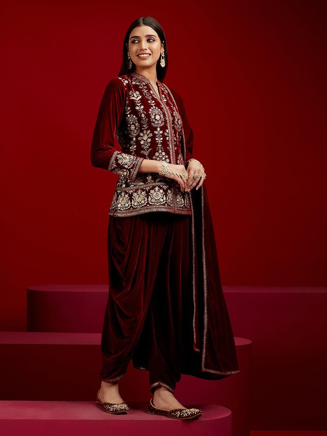 Libas Art Maroon Embroidered Velvet Straight Suit With Dupatta