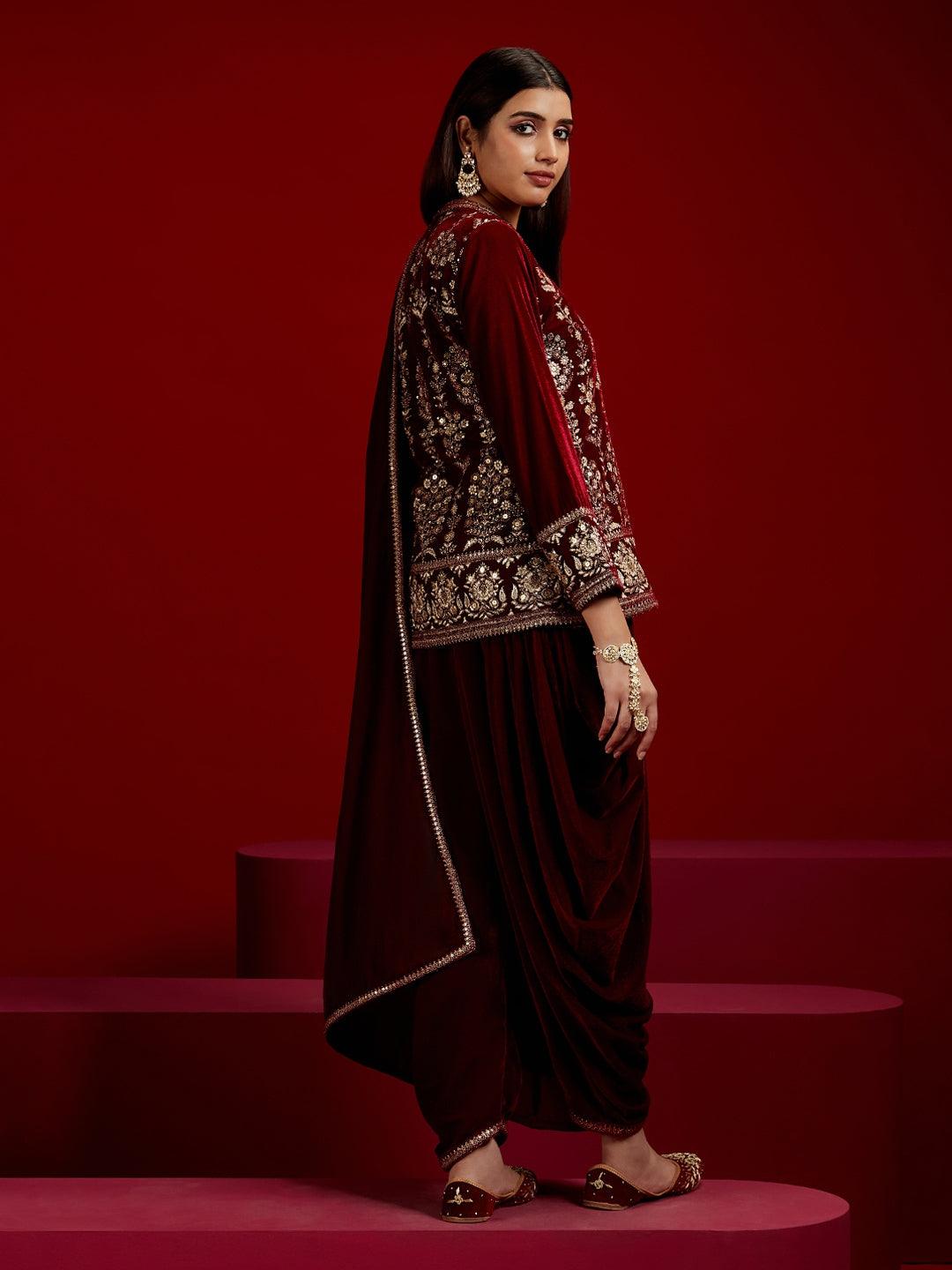 Libas Art Maroon Embroidered Velvet Straight Suit With Dupatta