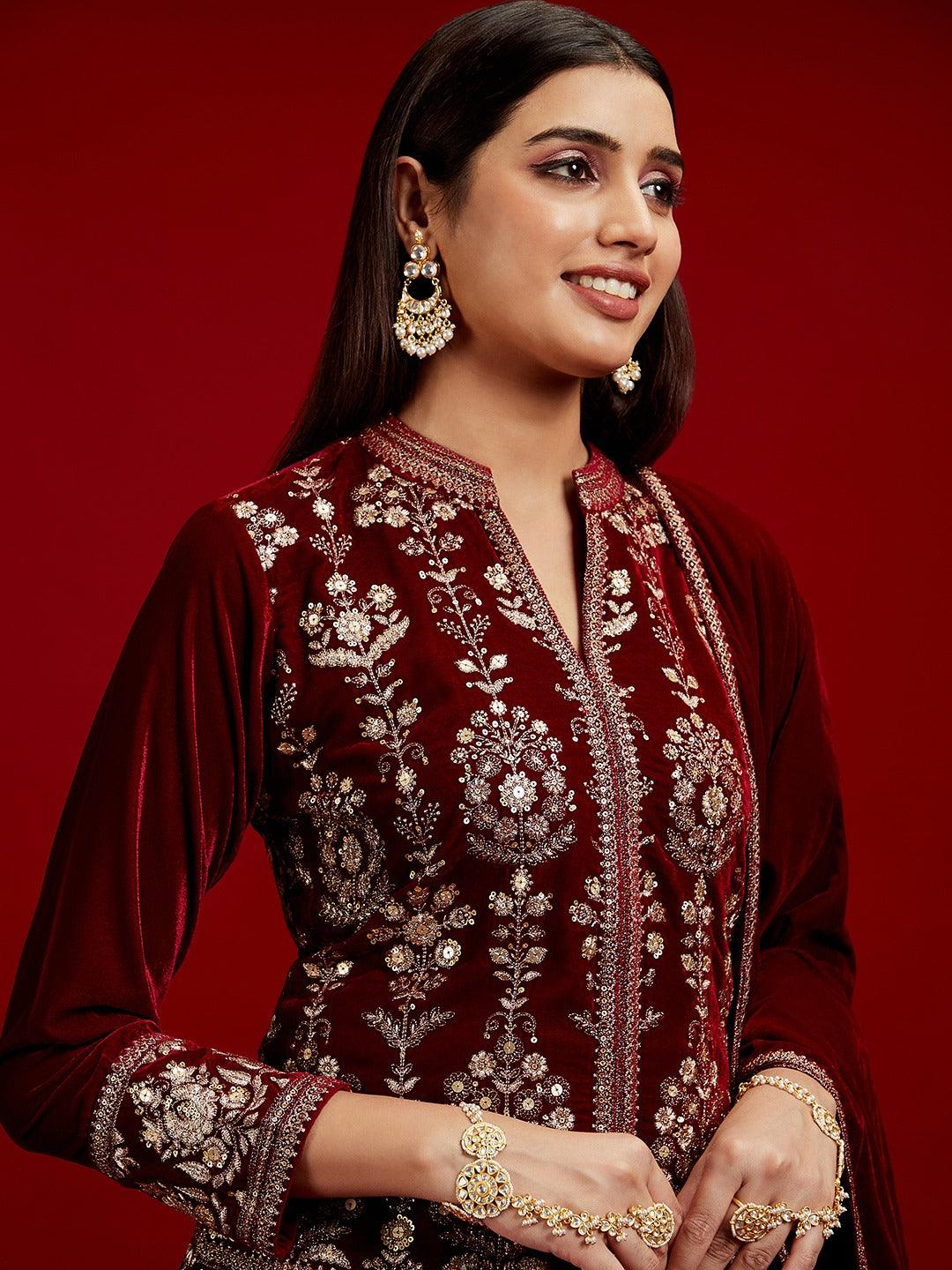 Libas Art Maroon Embroidered Velvet Straight Suit With Dupatta