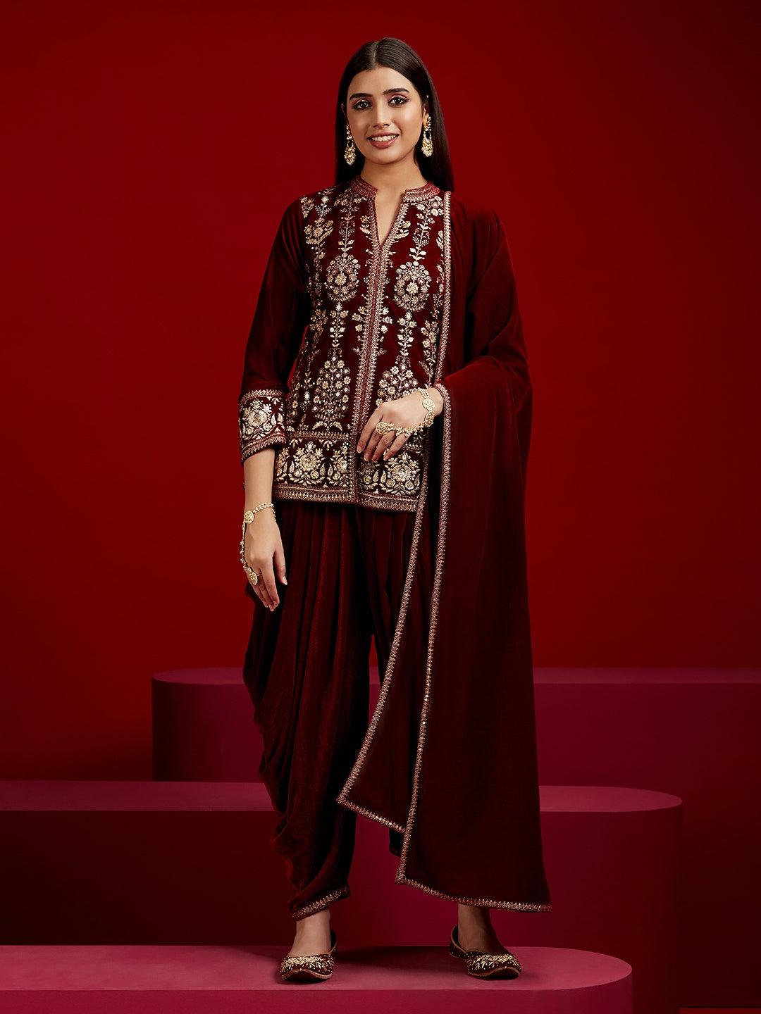 Libas Art Maroon Embroidered Velvet Straight Suit With Dupatta