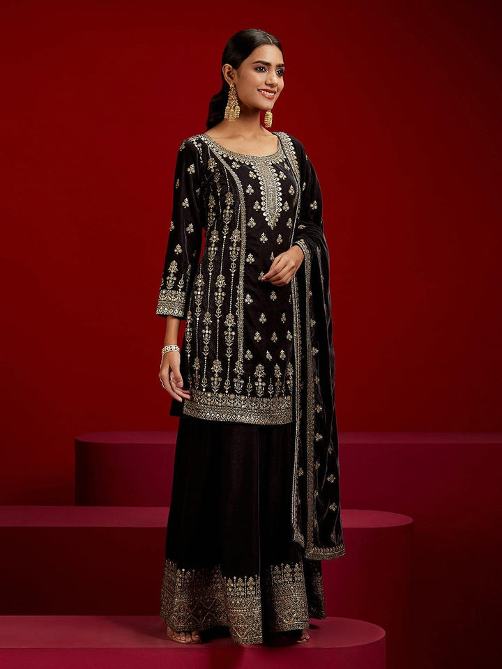 Libas Art Grey Embroidered Velvet Straight Kurta With Palazzos & Dupatta - ShopLibas