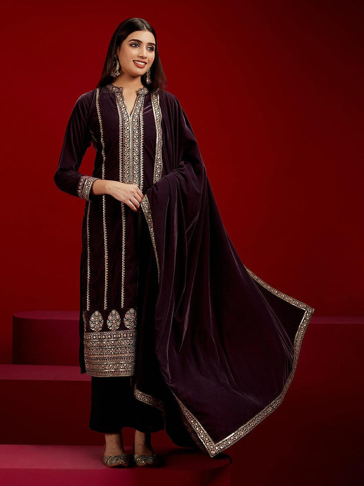 Libas Art Grey Embroidered Velvet Straight Kurta With Trousers & Dupatta - ShopLibas