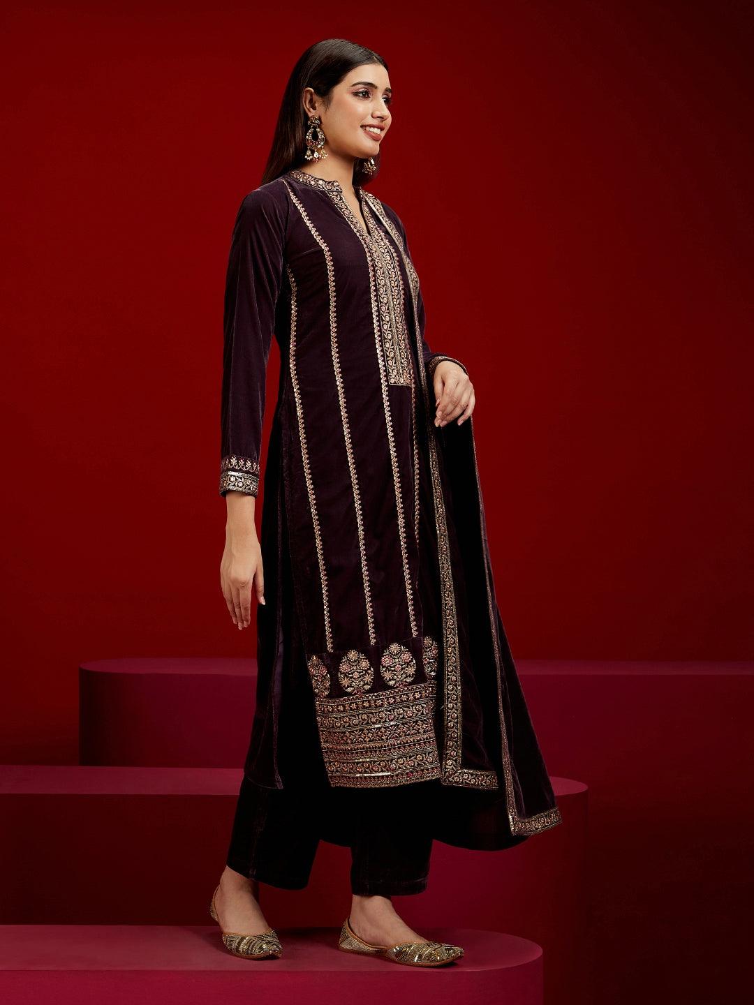 Libas Art Grey Embroidered Velvet Straight Kurta With Trousers & Dupatta - ShopLibas