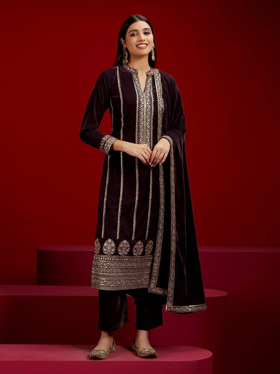 Libas Art Grey Embroidered Velvet Straight Kurta With Trousers & Dupatta - ShopLibas