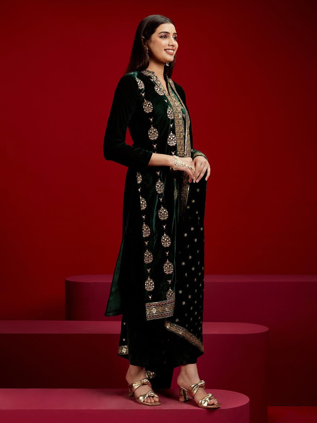 Libas Art Green Embroidered Velvet Straight Kurta With Trousers & Dupatta - ShopLibas